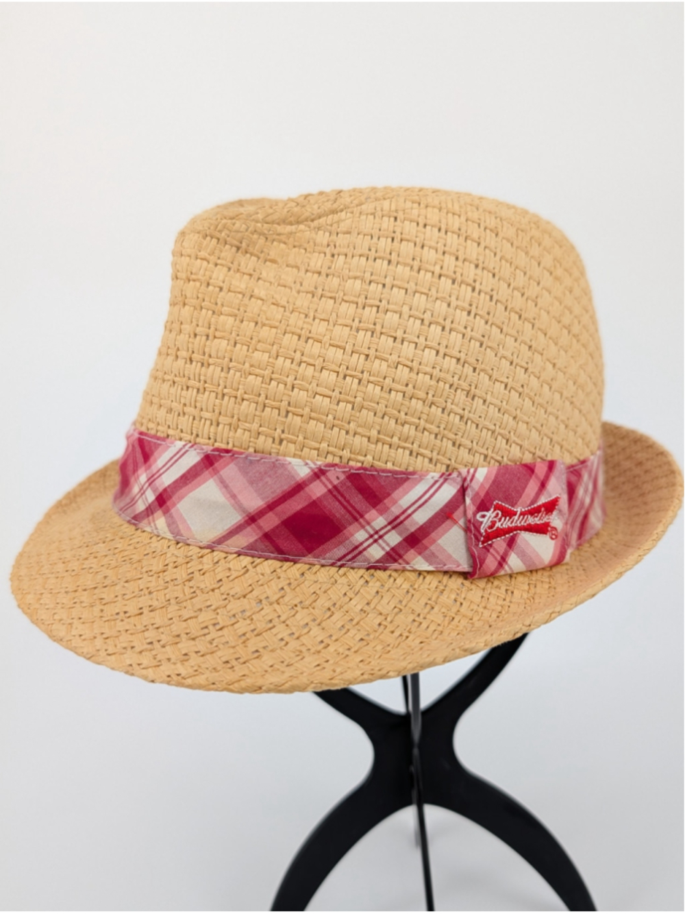 2014 Budweiser Paper Straw Fedora Hat Red Pink Plaid Band Beer Promo 22.25"